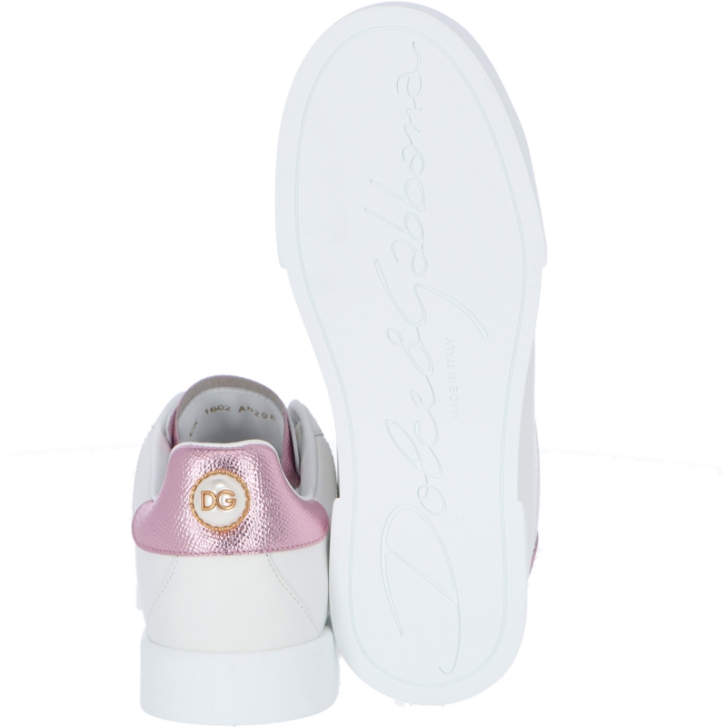 PORTOFINO LEATHER SNEAKER WITH METALLIC PINK DAUPINE LEATHER INSERTS AND DECORATIVE PEARL
