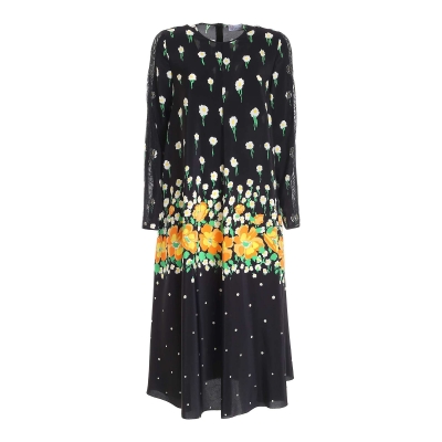 BLACK SILK FLOWER PRINTED DRESS WITH LACE INSERTS