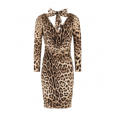 SHORT CHARMEUSE DRESS WITH LEOPARD PRINT AND TIE