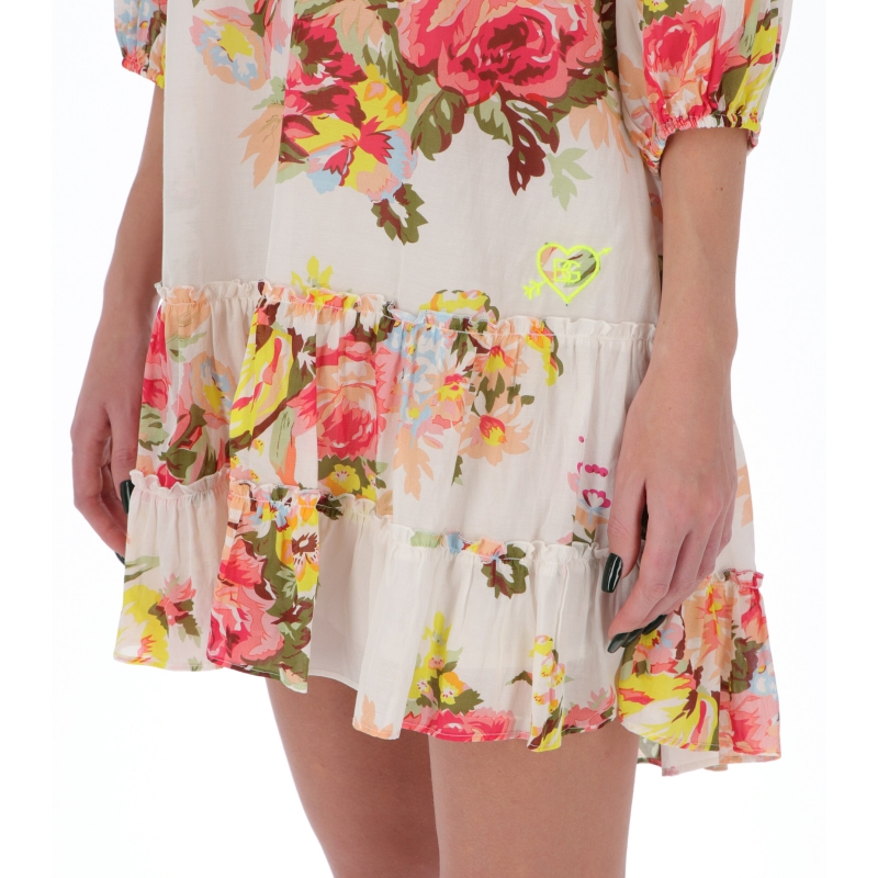 COTTON FLOWER PRINT DRESS WITH ROUCHES