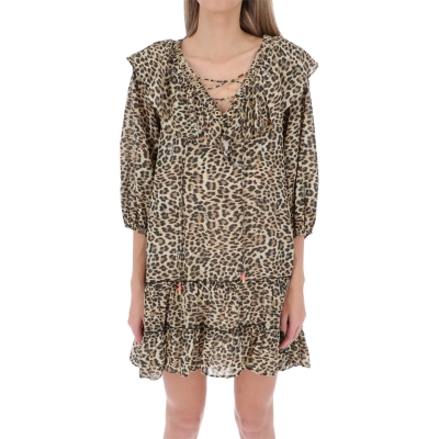 COTTON LEO PRINT DRESS WITH ROUCHES