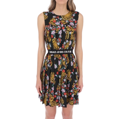 PLEATED BAROQUE PRINTED DRESS WITH LOGO WAISTBAND