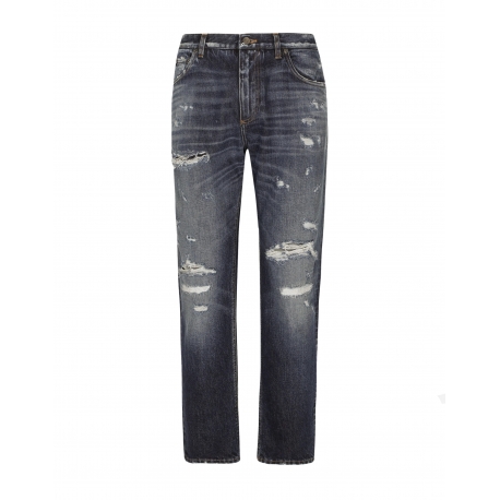 LOOSE BLUE WASH JEANS WITH RIPS - Vanda Boutique