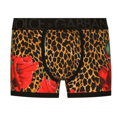 TWO-WAY STRECH COTTON BOXERS WITH POPPY AND OCELOT PRINT