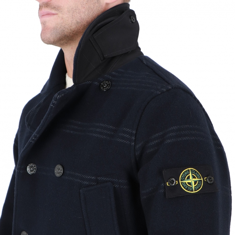 DOUBLE-BREASTED PEACOAT MILITARY WOOL AND REFLECTIVE STRIPES