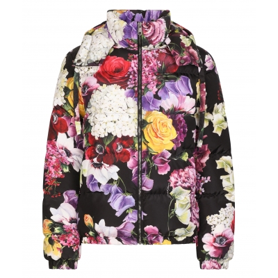 NYLON DOWN JACKET WITH HYDRANGEA AND FLORAL PRINT