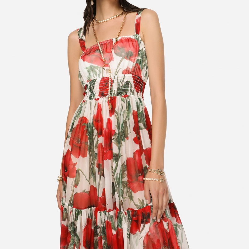 Long poppy-print chiffon dress