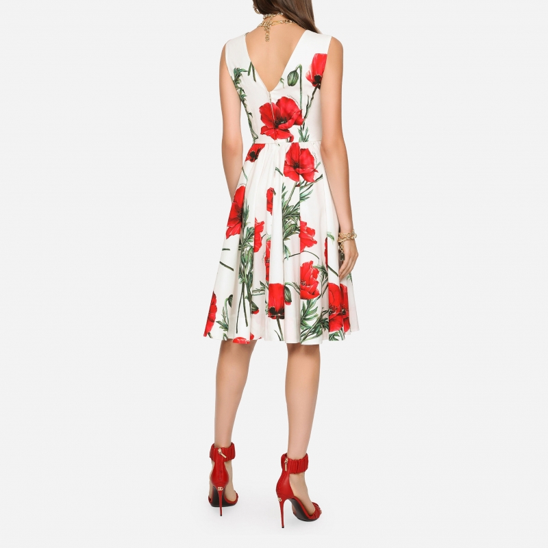 Poppy-print poplin midi dress