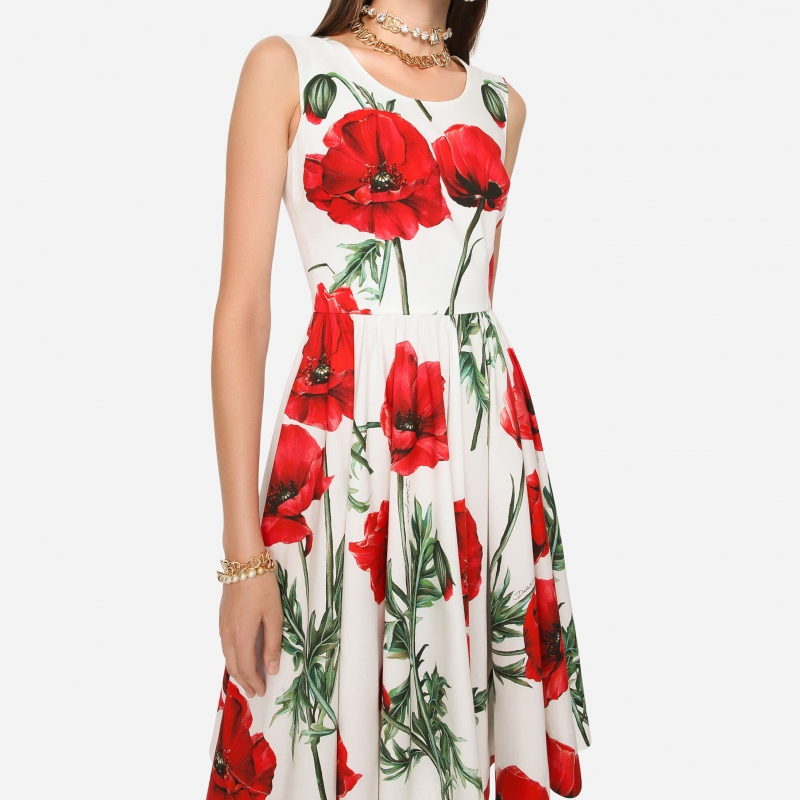 Poppy-print poplin midi dress