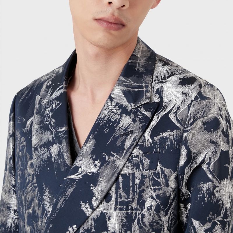 Double-breasted jacket in toile de jouy jacquard fabric