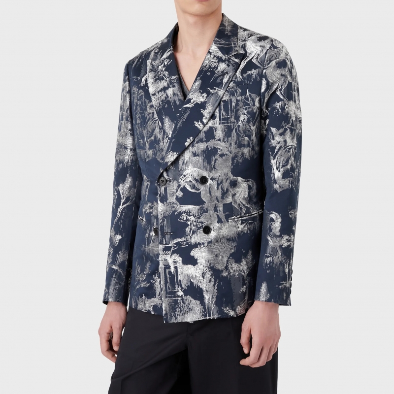 Double-breasted jacket in toile de jouy jacquard fabric