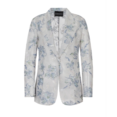 Tulle single-breasted jacket with floral embroidery and iridescent sequins