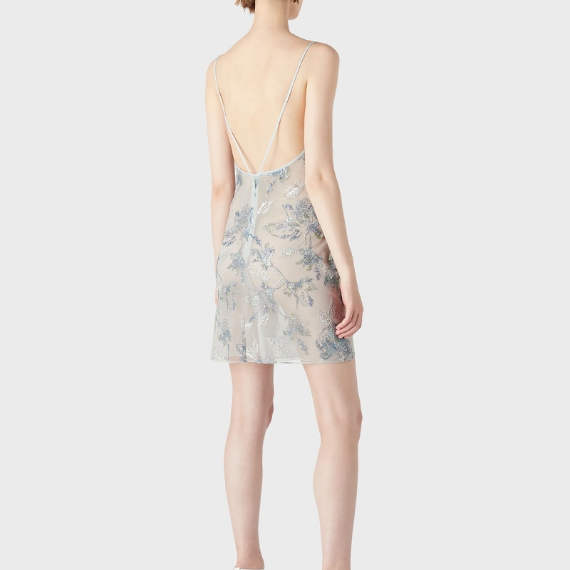 Tulle sheath dress with floral embroidery and iridescent sequins