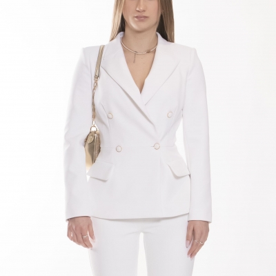 Double-breasted crepe jacket with cut at the waist