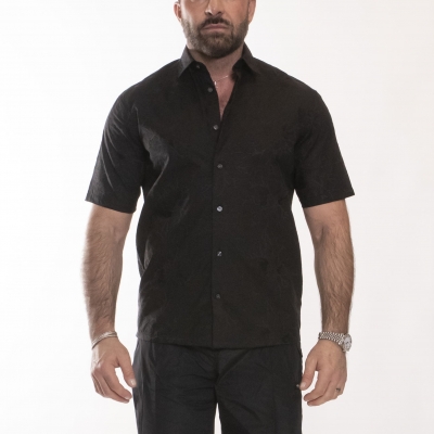 Over-fit shirt with short sleeves in poplin with all-over ramage embroidery