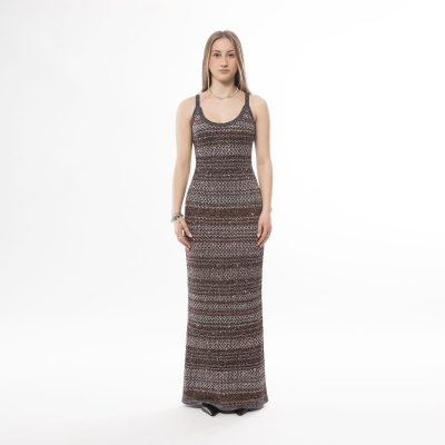 Long zig zag knit dress with crochet effect texture